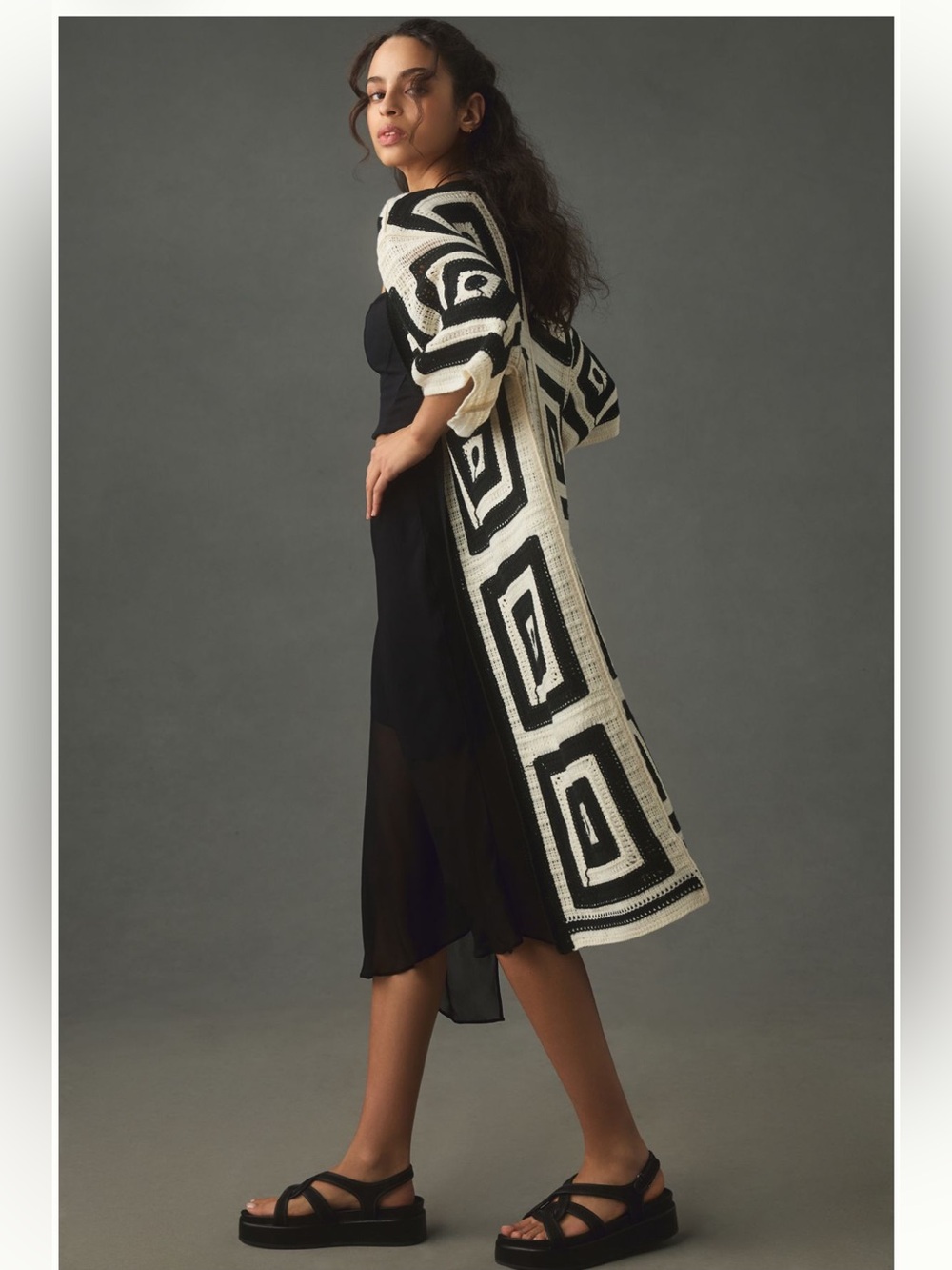 Anthropologie Black & Cream Geometric Crochet Duster worn once